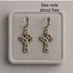 Sterling Silver Marcasite Irish Celtic Cross Leverback SOLVAR Earrings FLAW #319